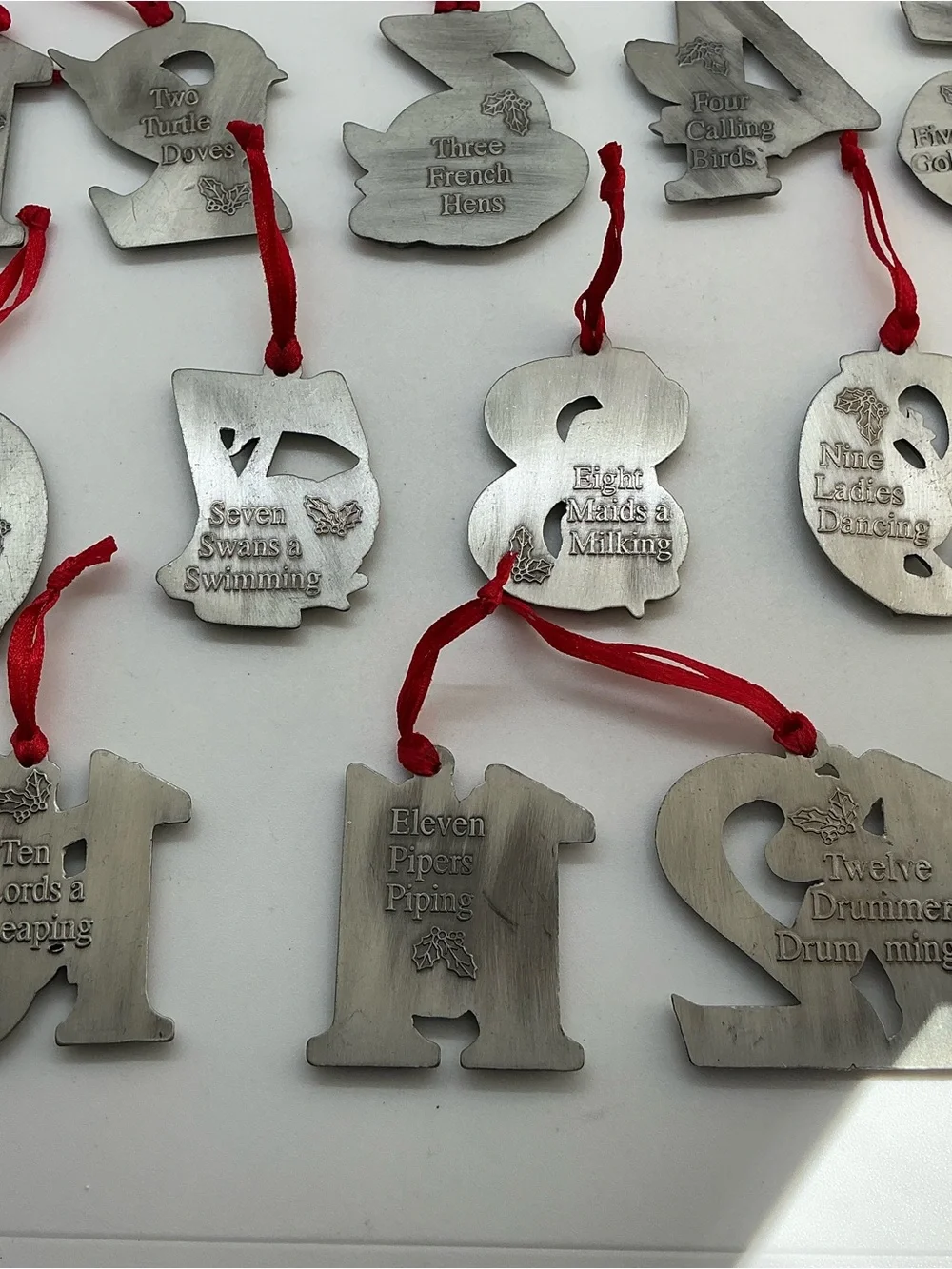 Set of 12 Days of Christmas Metal Pewter Number Hanging Ornaments Silver Color